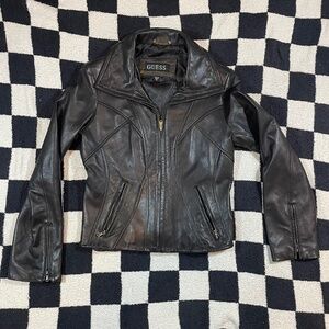 Vintage Guess Genuine Black Leather Jacket Full Zip Pockets Women's M Y2K Goth